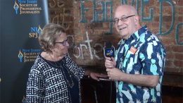 NJ-SPJ Secretary Steve Lubetkin interviews State Sen. Loretta Weinberg at the Journalism Awards Gala July 28 in New Brunswick, NJ